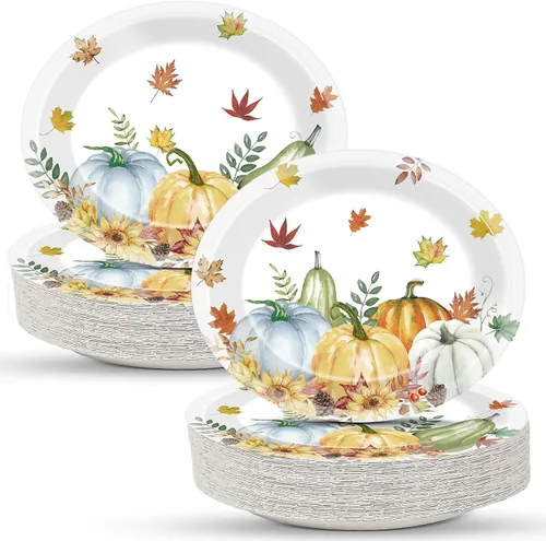 Qyeahkj 50 platos de papel ovalados de Acción de Gracias, grandes, 11 pulgadas, desechables, hojas de otoño, decoraciones de fiesta, acuarela,