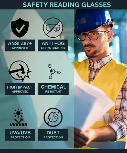 Miniatura 3 de Gafas de lectura de seguridad en marco negro con lente transparente, lentes de seguridad con aumento de lente completa, ajuste cómodo, antivaho