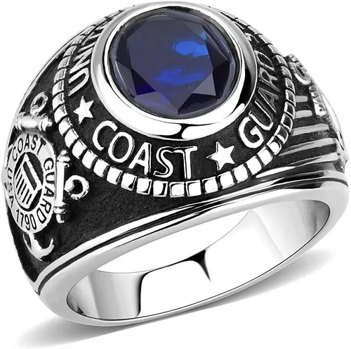 C&D Military Jewelry Anillo militar de la Guardia Costera de los Estados Unidos de acero inoxidable (color plateado con piedra azul) USCG Anillos