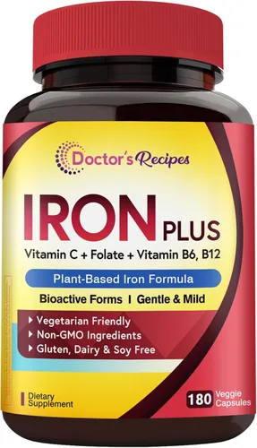 Doctor's Recipes Suplemento de hierro para mujeres y hombres – Bisglicinato de hierro suave con vitamina C, B6, folato y B12, pastillas de hierro