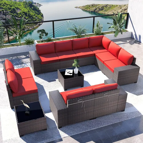 Miniatura 89 de Kullavik Juego de 13 muebles de patio al aire libre con mesa de fogata de gas propano de 43 pulgadas, 55000 BTU, mimbre de polietileno, sofá Arena