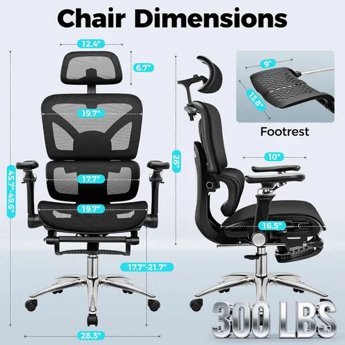 Miniatura 2 de Ergonomic Mesh Office Chair with Footrest, Big and Tall Home Desk Chair with 5D Flip-Up Arms, Adjustable Lumbar Support, Gaming & Executive Computer