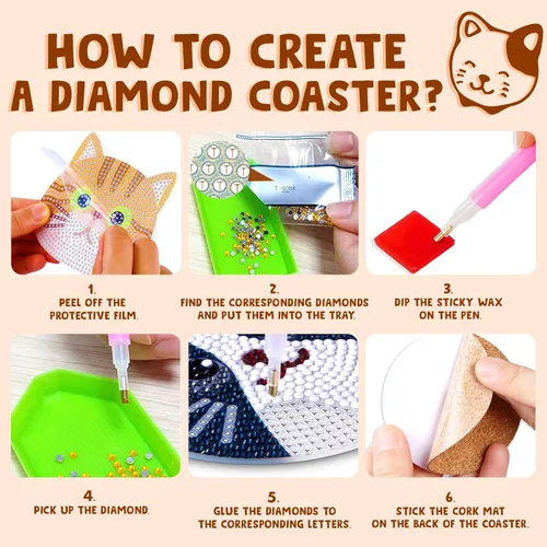 Miniatura 3 de Insnug Juego de 10 posavasos de pintura de diamantes, con temática de gato, kits de pintura para niños y adultos, puntos, artes y manualidades, kits
