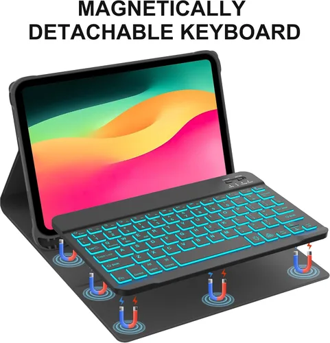 Miniatura 4 de KVAGO Funda para iPad (A16) de 11ª y 10ª generación con teclado, teclado desmontable inalámbrico retroiluminado de 7 colores, funda de teclado folio