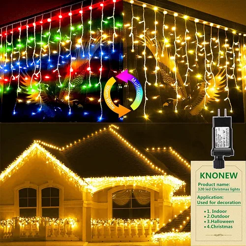 KNONEW Luces de Navidad para exteriores que cambian de color, 400 LED, 33 pies, 11 modos, cortina de luces de hadas en cadena con 75 gotas, luces