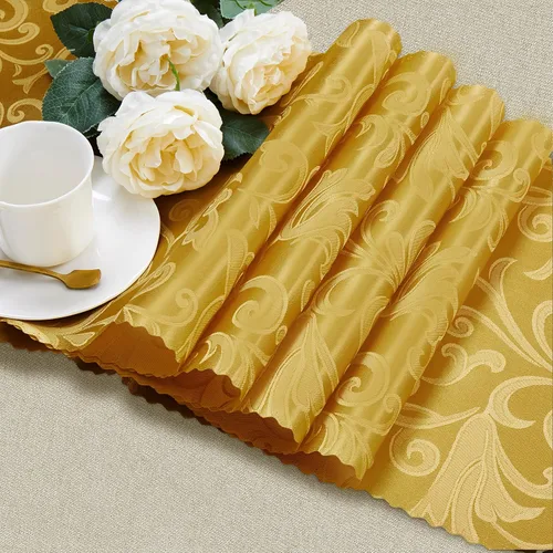 Miniatura 4 de Manyshofu 5 caminos de mesa de satén dorado – 12 x 108 pulgadas, decoración de damasco, impresión jacquard brillante y suave de boda para banquetes