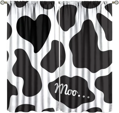 Miniatura 32 de Cortinas con estampado de piel de vaca, cortinas de piel de granja occidental, cortinas rústicas de granja de vaca marrón y blanca para niños, Piel