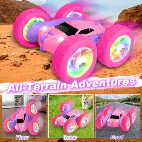 Miniatura 4 de Auto a control remoto, autos RC para niñas, rastreador RC de doble cara de 2.4 GHz con batería modular USB-C mejorada, juguetes de automóvil Rosa