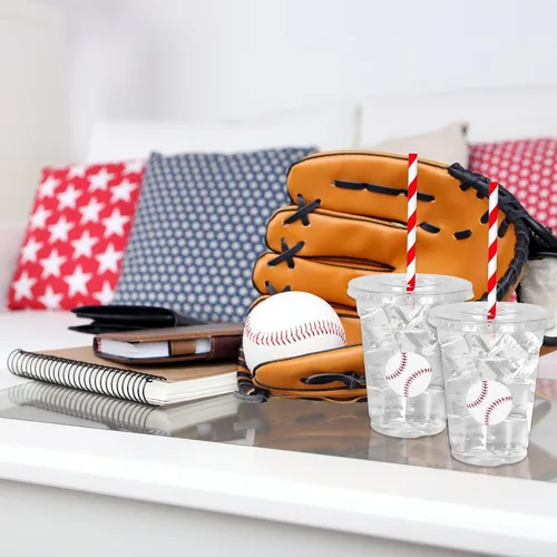 Miniatura 7 de Whaline 50 piezas de vasos de plástico desechables de béisbol con tapas y popotes, vasos rojos y blancos de pelota, vasos para bebidas frías