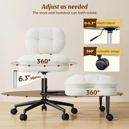 Miniatura 5 de DurayLoly Silla de oficina con patas cruzadas, giratorio 360, reposapiés plegable, cojín de felpa de doble capa de 5.12 pulgadas, altura ajustable