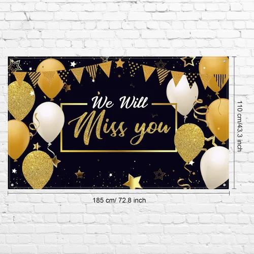 Miniatura 2 de Banner con texto en inglés «We Will Miss You» – Extra grande de 72 x 44 pulgadas, telón de fondo de graduación para decoraciones de fiesta de Dorado