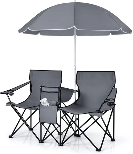 Miniatura 10 de LDAILY LUARANE - Silla plegable doble para campamento, sillas de picnic al aire libre con paraguas extraíble, mini mesa, portavasos y bolsa de Azul