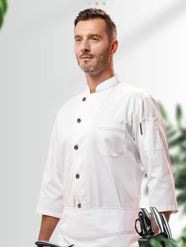 Miniatura 2 de Men Stand-Up Collar Chef Coat 34 Sleeve Lightweight Chef Jacket Chef Uniform With 2-Pockets Professional
