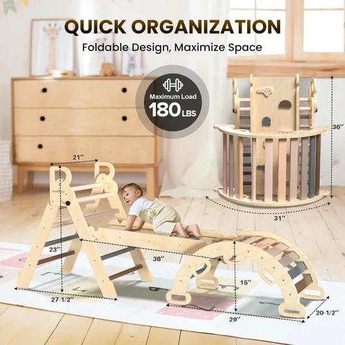 Miniatura 6 de BlueWood Pikler - Juego de triángulos 7 en 1 plegables, juguetes de escalada Montessori de madera con arco y rampa y escalera, escalador para bebés