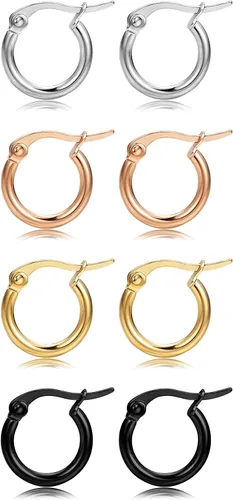 FIBO STEEL aretes pequeños tipo Huggie de acero inoxidable, 10 mm - 25 mm, 4 pares, 4 colores