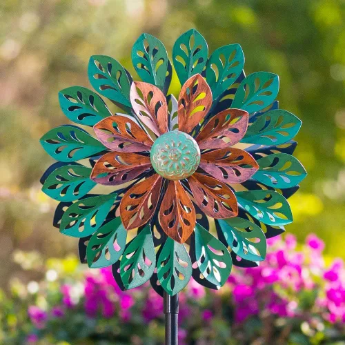 Miniatura 10 de Viveta Paquete de 2 molinos de viento de jardín, molino de viento de metal de flores de 35.4 pulgadas, escultura de viento rosa y azul, molinetes
