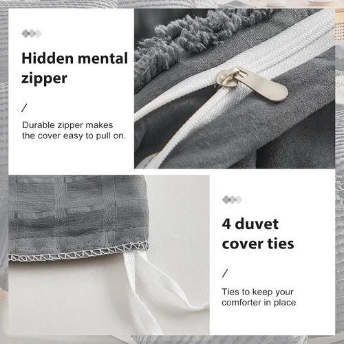 Miniatura 7 de WARMDERN Juego de funda de edredón Boho tamaño Queen, juego de funda de edredón a rayas de microfibra color gris oscuro, juego de 3 piezas