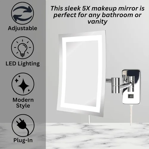 Miniatura 8 de JERDON Espejo de maquillaje rectangular para montaje en pared con aumento 5X, espejo de maquillaje iluminado con cable de alimentación de 6 pies