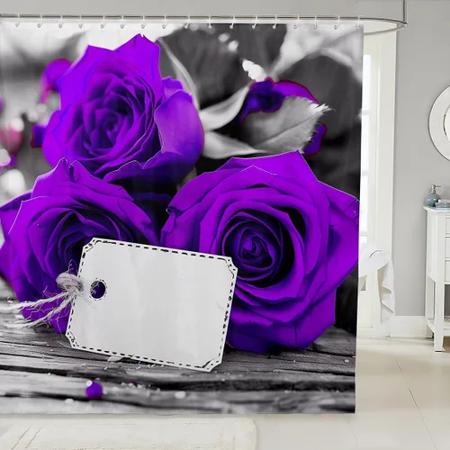 Miniatura 8 de Cortina de ducha con rosas rojas, juego de cortinas de ducha para niñas, mujeres y niños, cortina de ducha de tela impermeable con flores botánicas