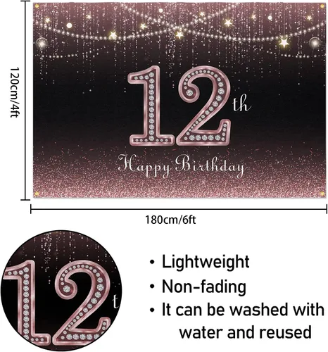 Miniatura 2 de HAMIGAR Fondo de pancarta de feliz cumpleaños número 12 de 6 x 4 pies, decoraciones de cumpleaños de 12 años, suministros de fiesta para mujeres