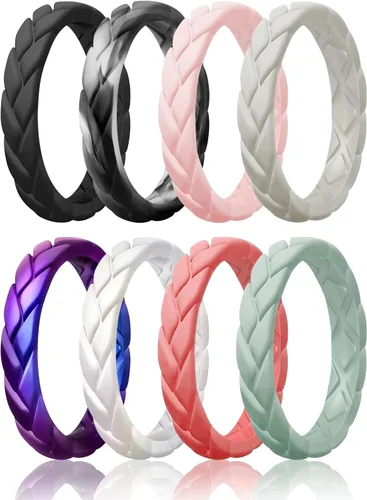 Miniatura 74 de Egnaro Anillos de boda de silicona para ella, conjuntos de novia de goma para mujer, bandas finas, diseño trenzado de hojas apilables con ranuras