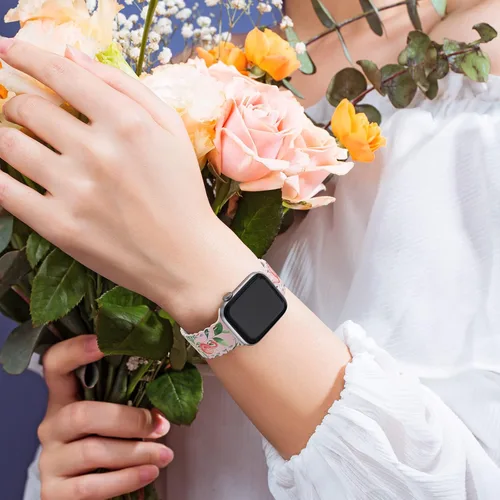Miniatura 5 de Compatible con Apple Watch de 41mm 40mm 38mm 49mm 45mm 44mm 42mm para mujeres, correas deportivas de encaje huecas de silicona suave con estampado