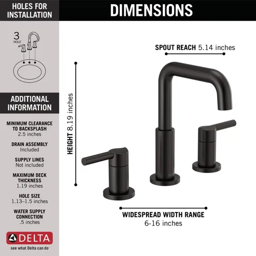 Miniatura 4 de Delta Faucet Nicoli - Grifo de baño de 3 agujeros, negro mate, 35749LF-BL