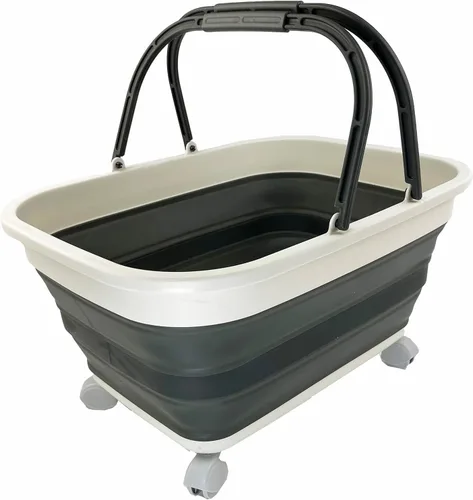 SAMMART Cesta de plástico plegable de 26 litros (6.8 galones) con asa y ruedas, contenedor de almacenamiento plegable con asa y ruedas, bañera de