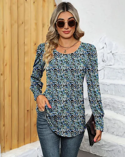 Miniatura 5 de Blusa plisada de manga larga abombada para mujer, cuello redondo, elegante, casual, holgada, para verano y otoño