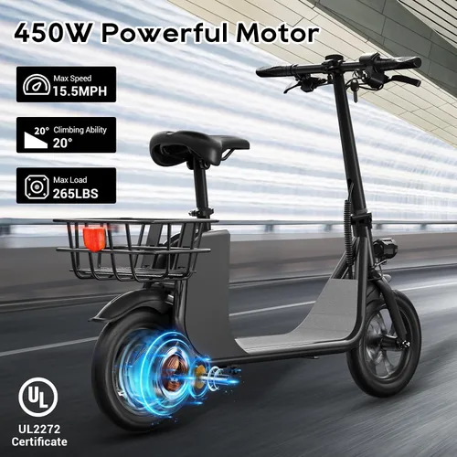 Miniatura 2 de RIDWIND Electric Scooter with Seat for Adults, 450W Motor Foldable E Scooter for Adults with LCD Display,15.5MPH, 20 Miles Range, Max Load 265LB