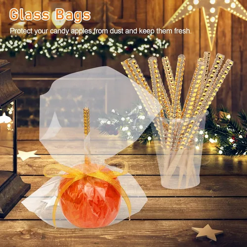 Miniatura 4 de Kit de 24 palos para manzanas de caramelo, 24 palos brillantes para manzanas con pedrería de rinestone de madera con 24 bolsas/ 25 yardas de cinta