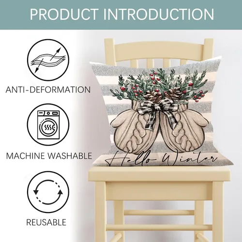 Miniatura 4 de Hello Winter Mitten - Funda de almohada decorativa gris de 16 x 16 pulgadas, guante, bayas rojas, rayas grises, porche, decoración del hogar al aire