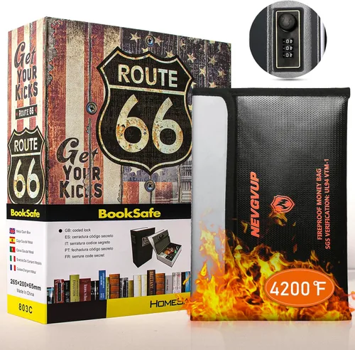 Caja fuerte de libro de diversión con bolsa de dinero a prueba de fuego de 4200°F y cerradura de combinación, 10.5" x 7.9" x 2.5" caja fuerte de