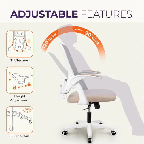 Miniatura 5 de NEO CHAIR Silla de escritorio para oficina, computadora, gaming, ergonómica con soporte lumbar, altura ajustable, ruedas giratorias, brazos Beige