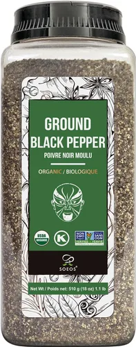 Soeos Pimienta Negra Molida Orgánica, Sin OMG, Polvo de Granos de Pimienta Fresco a Granel, Empaquetado para Mantener la Pimienta Fresca, Granos de