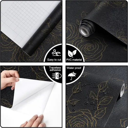 Miniatura 4 de CAX Nourilife - Papel tapiz floral para despegar y pegar, papel tapiz negro y dorado, papel de contacto extraíble para armarios de pared, flores