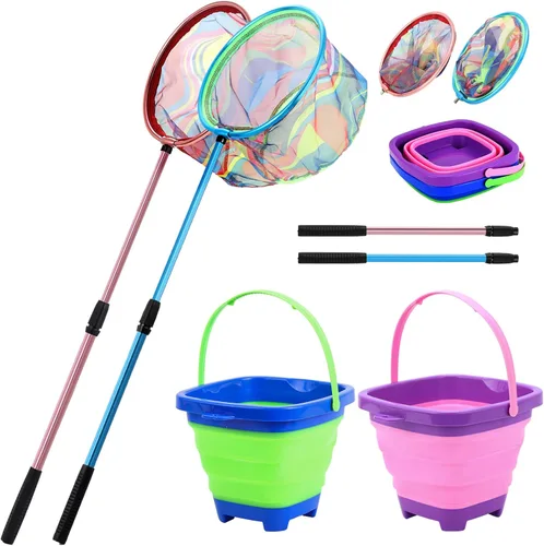 Miniatura 7 de Red de pesca para niños, paquete de 2 redes telescópicas de aterrizaje con mango de poste de aluminio, cubo de arena plegable, red de mariposa, red