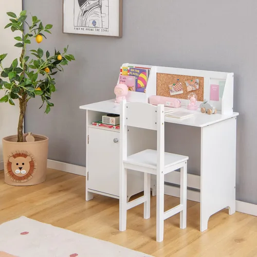 Miniatura 9 de Costzon Juego de escritorio y silla para niños, mesa de estudio de madera para niños con almacenamiento, gabinete, tablero de anuncios de corcho