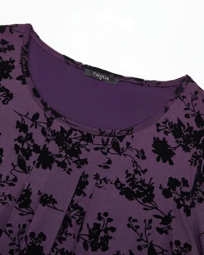 Miniatura 3 de VALOLIA Blusa de manga 34 para mujer, estilo casual, holgada, floral, de malla, plisada, en capas