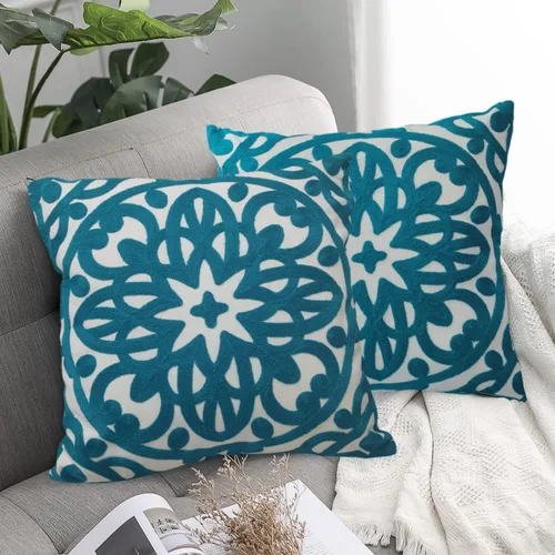 Miniatura 53 de Alysheer - Funda de almohada lumbar decorativa bordada 12" x 20", patrón de bordado clásico Boho Mandala, funda de cojín rectangular de algodón