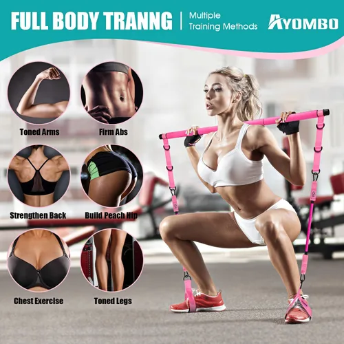Miniatura 2 de Kit de barra de pilates Ayombo con bandas de resistencia, equipo de entrenamiento de pilates para piernas, cadera, cintura, brazo, equipo de Rosado