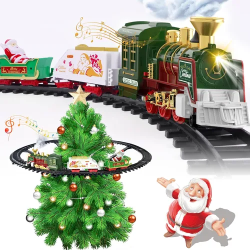 TERRAMUS Juego de tren de Navidad – Juguetes de tren colgante con luz ahumada y sonido para niños y niñas, juego de tren alrededor debajo del árbol