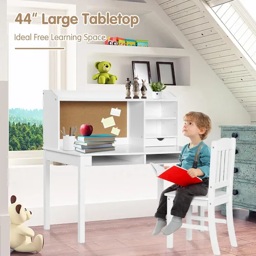 Miniatura 7 de Costzon Juego de escritorio y silla para niños, escritorio de estudio para niños con silla, gabinete, almacenamiento, cajones, estantes, tablero