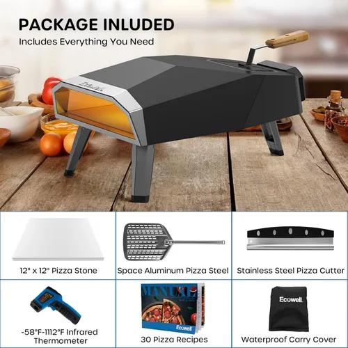 Miniatura 3 de ECOWELL Horno de pizza de pellets de madera de 12 pulgadas para exteriores, horno de pizza portátil de leña con piedra, horno de pizza de acero