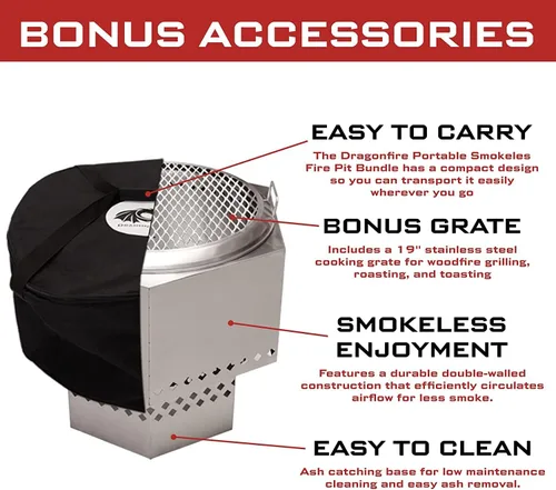 Miniatura 4 de Dragonfire Chimenea portátil sin humo, accesorios incluidos: parrilla, soporte base, estuche de transporte. Pozo de fuego al aire libre de pellets