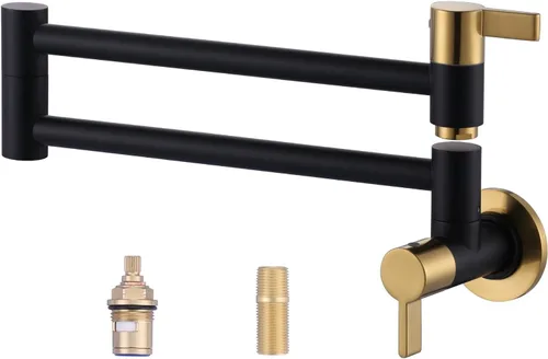 Grifo de Llenado de Ollas Negro y Dorado, ARCORA Moderno Grifo de Llenado de Ollas de Montaje en Pared con 2 Manijas con Brazos Oscilantes de Doble