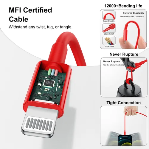 Miniatura 4 de Fashia Cargador rápido para iPhone, cable Lightning de carga rápida de 10 pies, para iPhone 14, 13, 12 Pro Max, carga rápida con bloque de cargador