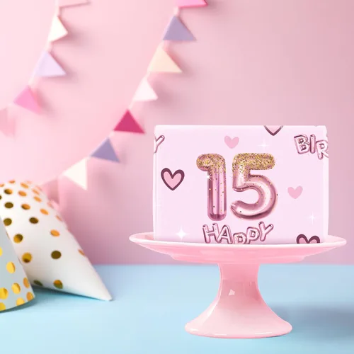 Miniatura 4 de RUSPEPA Papel de regalo de cumpleaños número 15 para niña, corazones y globos rosas del número 15, diseño de feliz cumpleaños, 15 años, mini rollo