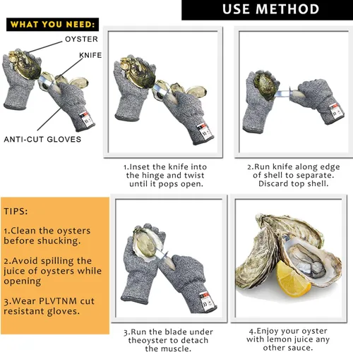 Miniatura 4 de 2Oyster - Cuchillo de acero inoxidable con mango de madera, con 2 pares de guantes resistentes a cortes de nivel 5, abridor de ostras para cocina