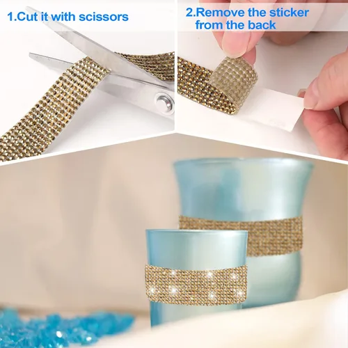Miniatura 2 de Berenlu Cinta autoadhesiva de diamantes de imitación de cristal, calcomanía decorativa dorada con diamantes de imitación de 0.079 pulgadas, Dorado